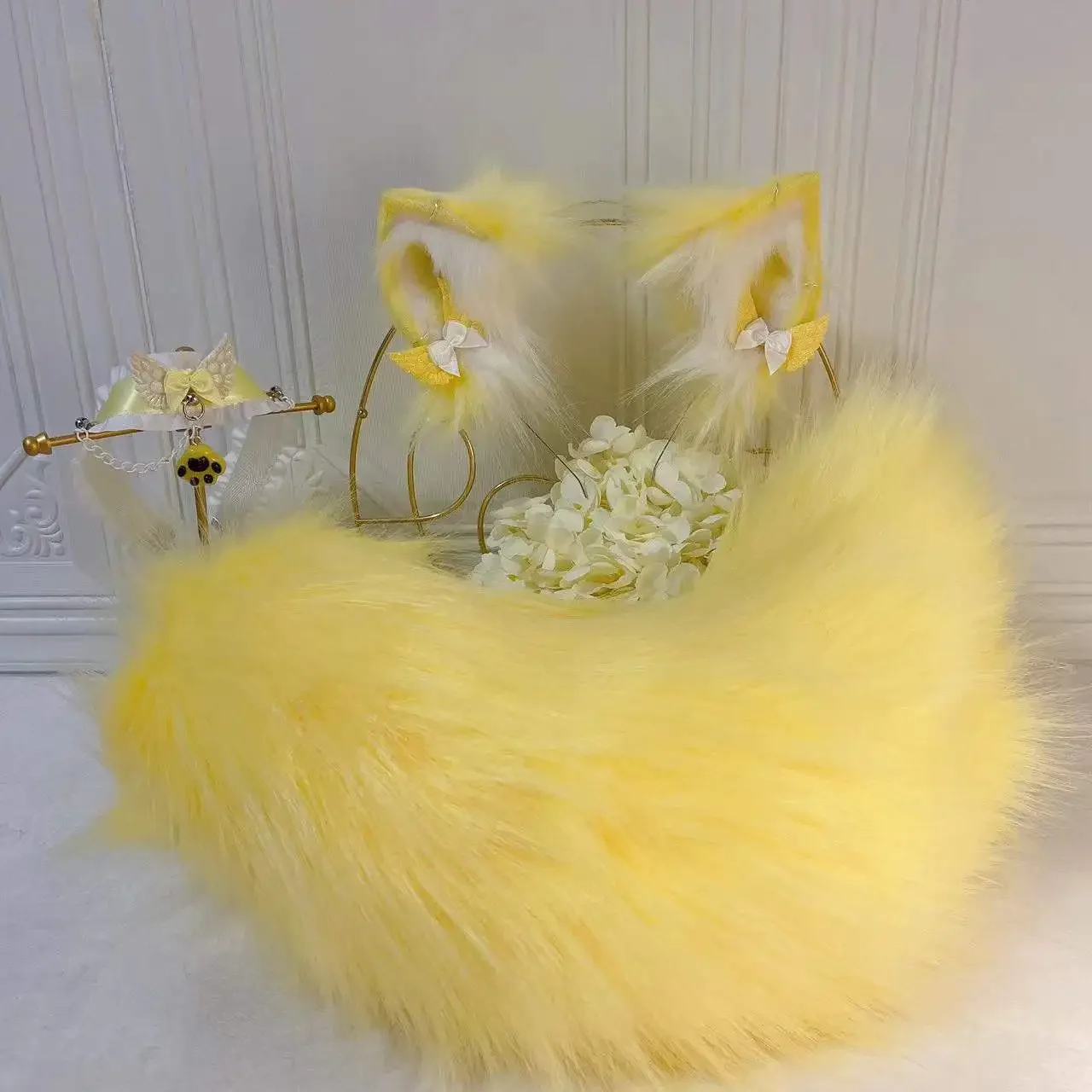 Handmade Dairy Beige Simulation Small Milk Fox Wolves Ears Hairhoop Tail Beast Animal Wolf Cosplay Headwear KC Accessories