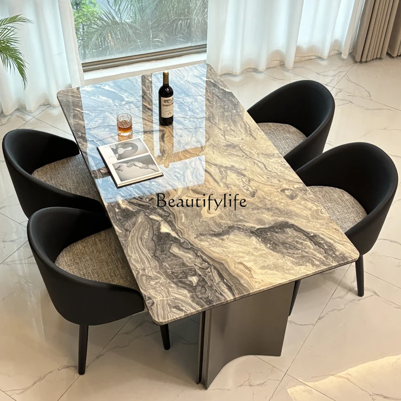 

02Venice brown marble dining table light luxury high-end natural supercrystalline stone Italian minimalist table