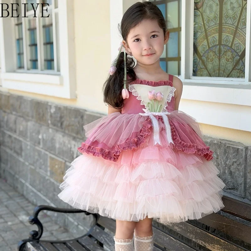 Lolita Birthday Mesh Dress for Little Girls Summer Original Design Flower Tutu Dress Children Sleeveless A Line Party Dress