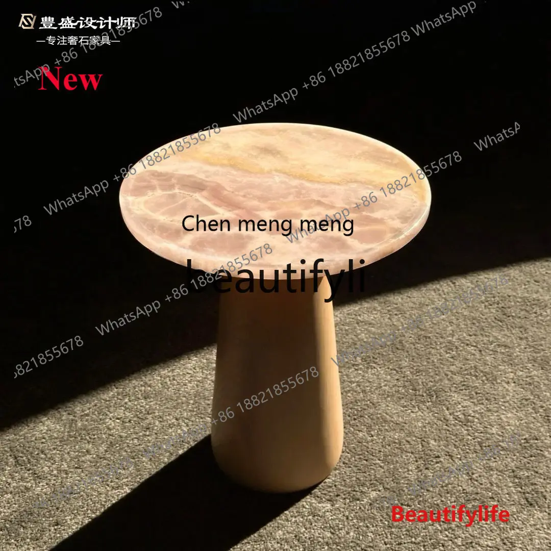 

A32 French Retro Pink Crystal Luxury Stone Edge Natural Marble Coffee Table Minimalist Designer