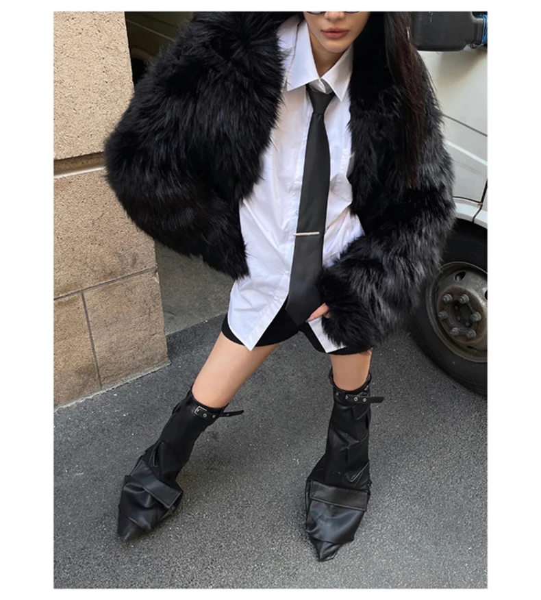 Lautaro Winter Cool Oversized Casual Soft Thick Warm Black Hariy Shaggy Faux Fur Coat Women Turn-down Collar Fluffy Jacket 2023