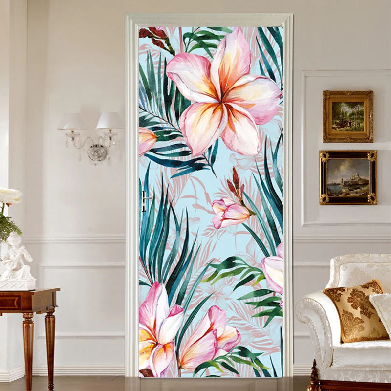 European Flower Door Stickers 3D Removable Vinilos Para Puertas Self-adhesive 3D Wallpaper Art Murals For Door Modern Home Decor