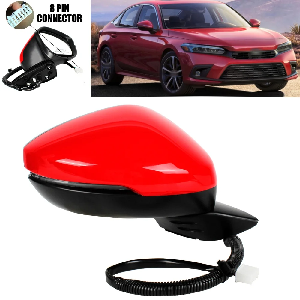 Right Side 8 Pins Red Painted Power Adjust Blind Spot Power Fold Turn Lamp Mirror For Honda US Version Civic 2022