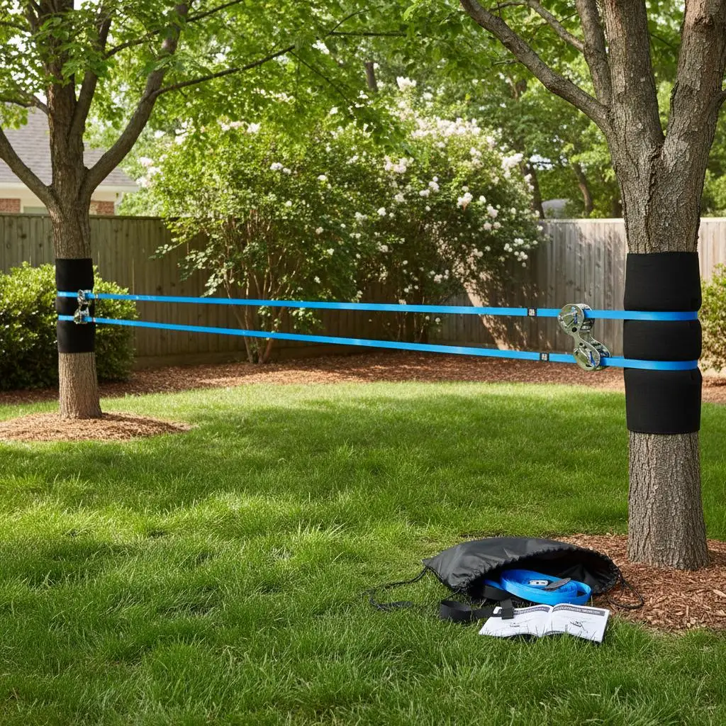 

Набор для ходьбы по канату длиной 60 футов для тренировок на заднем дворе, кемпинга, парка, с защитой для деревьев, тренажер для рук, сумка для переноски, инструкция прилагается