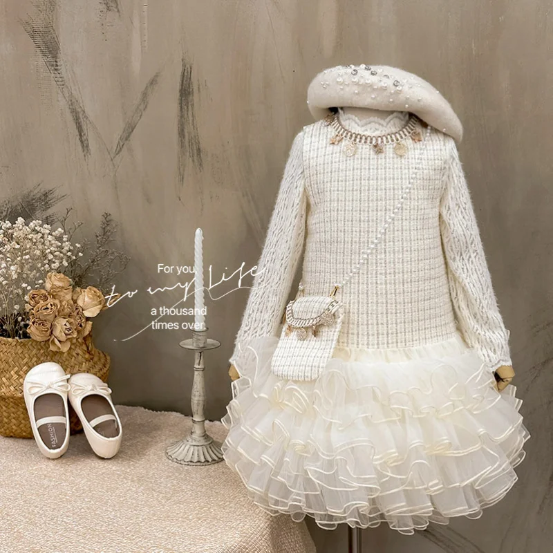 

Girls' Dress2025Autumn New Stylish Puffy Skirt Little Girl Birthday Dress with Bag Trendy