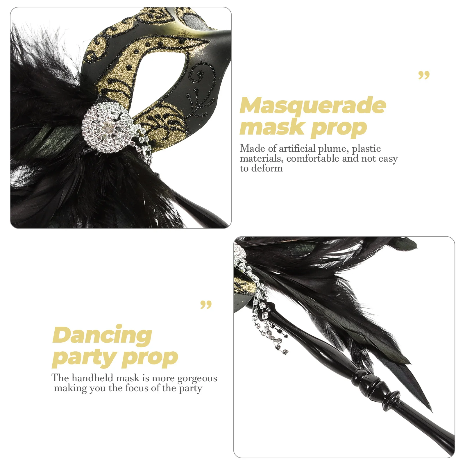 

Party Supply Handheld Half Face Mask Safe Material Artificial Plume Plastic Decor Half Face Mask Dancing Party Prop
