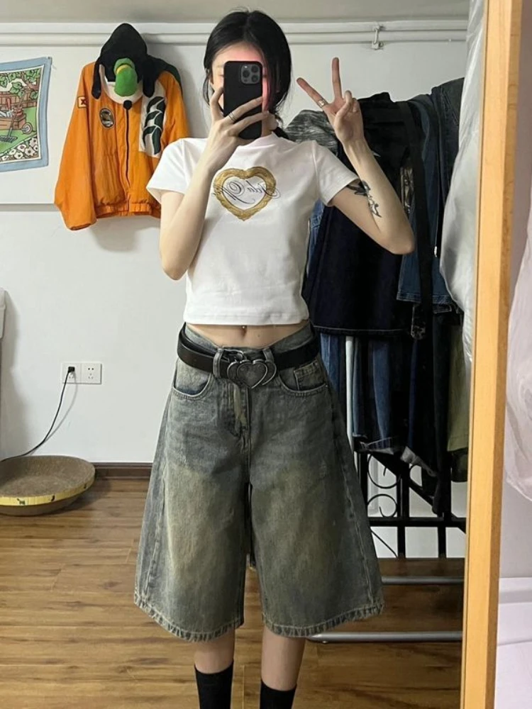 ADAgirl Vintage Oversize Denim Shorts Women High Waist Straight Y2k Hip Hop Causal Korean Summer Jeans Pants Harajuku Chic Short