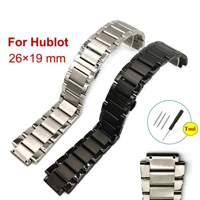 Solid Metal Watch Band Strap for Hublot 27×19mm Stainless Steel Watchband with Deployment Butterfly Clasp Bracelet Wrist Belts