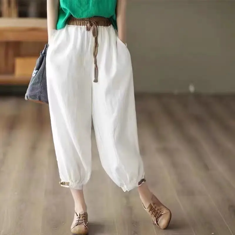 Spring Summer Casual Cotton Linen Pants Loose Thin Mom Harlan Trousers High Waist Nine Points Trendy Women Versatile Pants S877