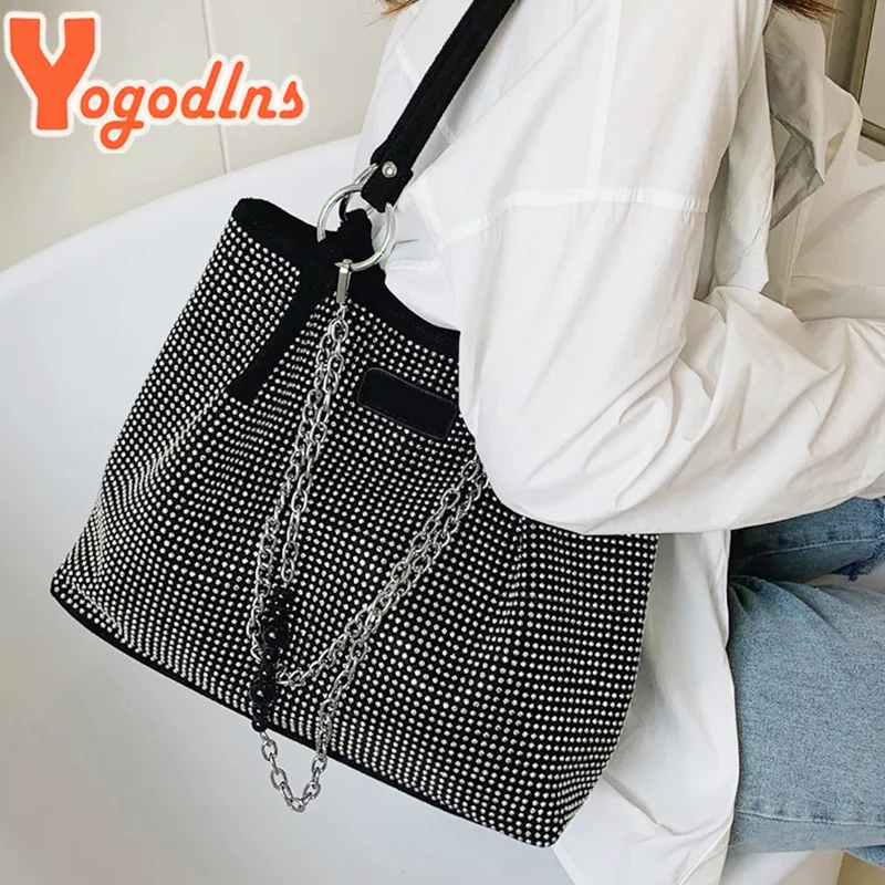 Yogodlns Luxury Rhinestone Bucket Bag For Women Fashion Brands Shouldr Bag Trendy Underarm Bag Shopping Handbag Purse Bolsa