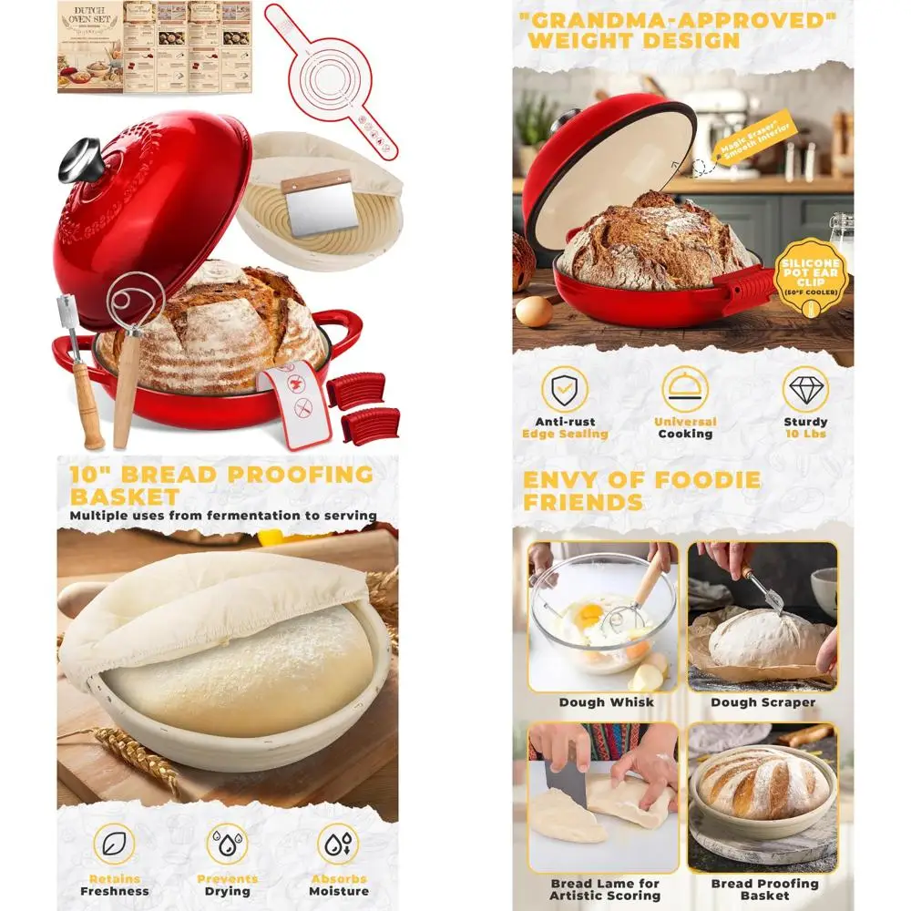 

Dutch Oven Bread Baking Pot with Lid 6QT Enameled Cast Iron Oven, Gradient Red Design & Complete Sourdough Kit (Banneton Basket,