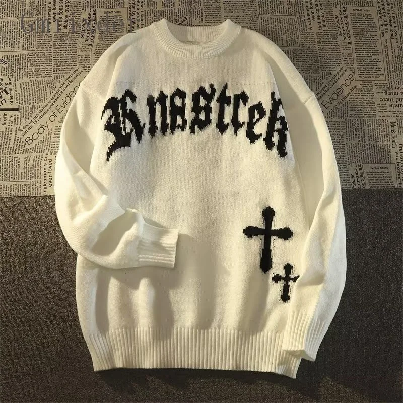 American Retro Punk Pullover Couple Cross O-Neck Sweater Men Autumn Winter Unisex Gothic Oversize High Street Knit Coat