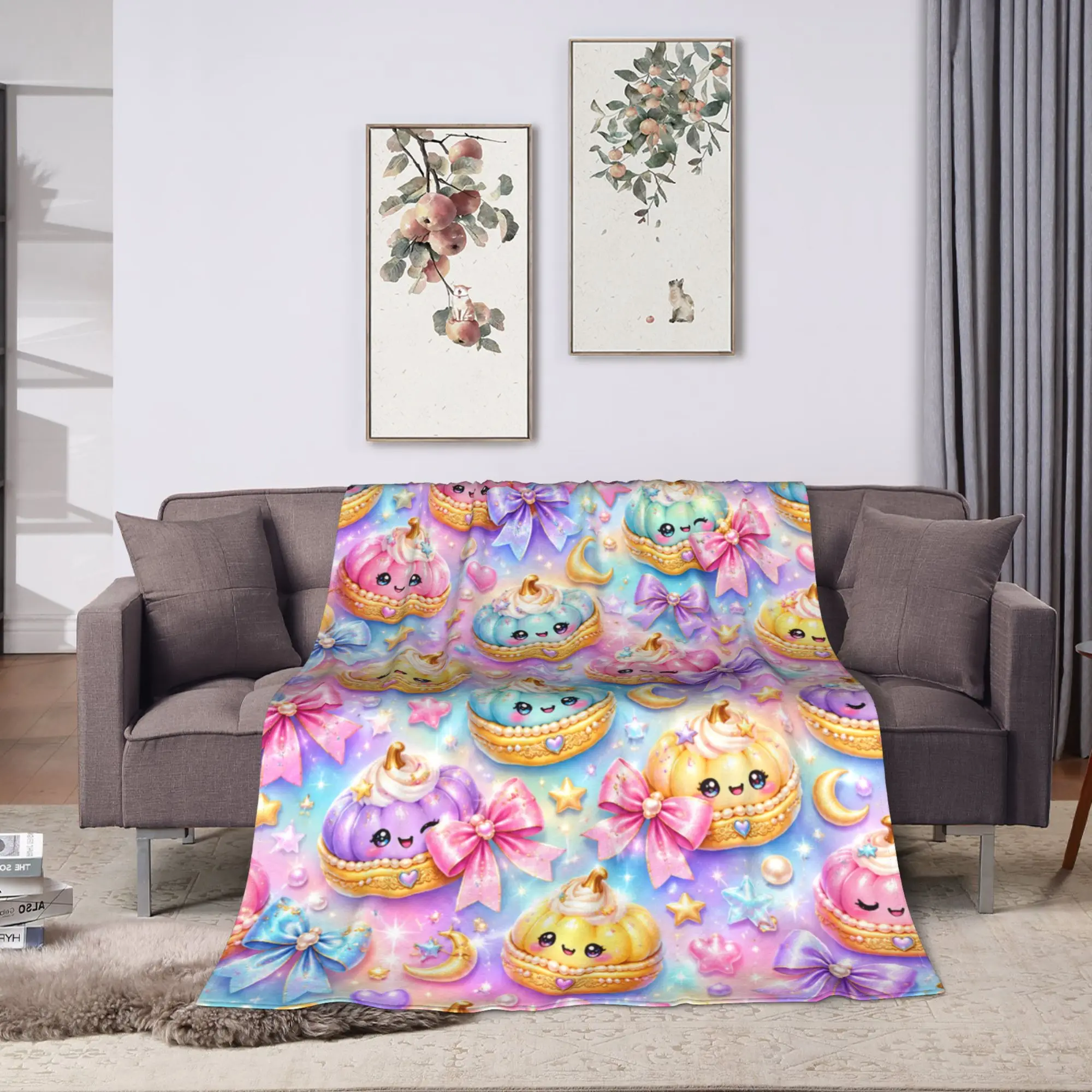 1pc Rainbow Cartoon Xiaolongbao Bowknot themed Blankets  Soft Graphic Plush Throw Blanket For Girls Flannel Bedspread Bed Cover