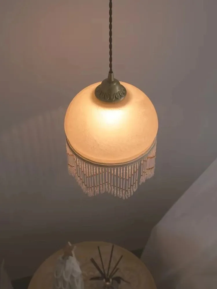 French retro cream glass fringed chandelier bedroom bedside bay window balcony chandelier