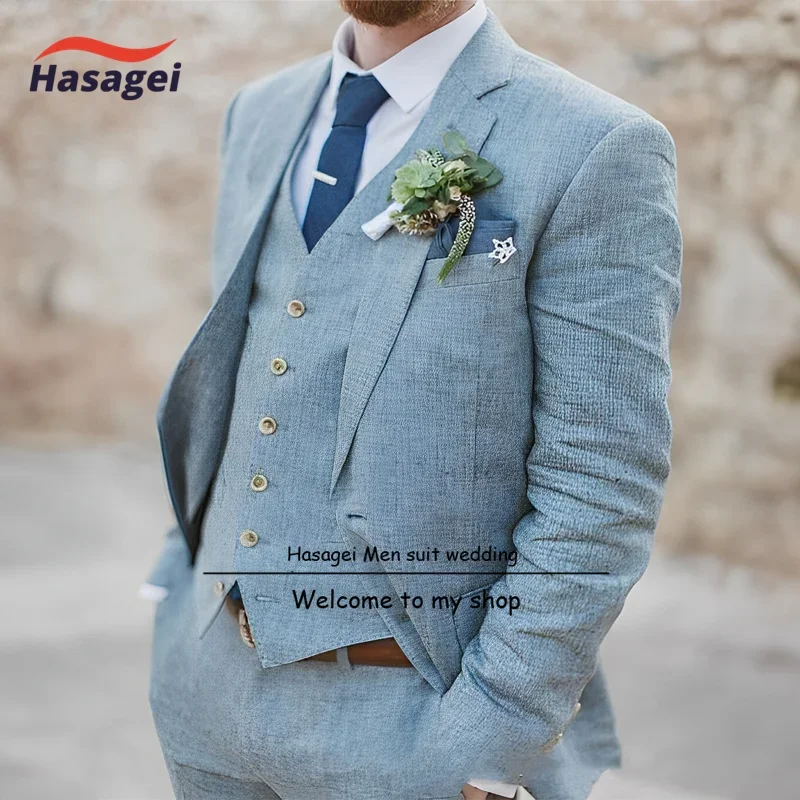 

Blue Suit for Men Summer Linen 3-piece Suit (Jacket, Pants and Vest) Wedding Groom Tuxedo Formal Outfit Customization