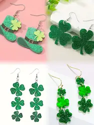 St. Patrick's Day Green Hat Clover Decor Bling Bling Dangle Earrings Cute Vacation Style Lucky Female Earrings