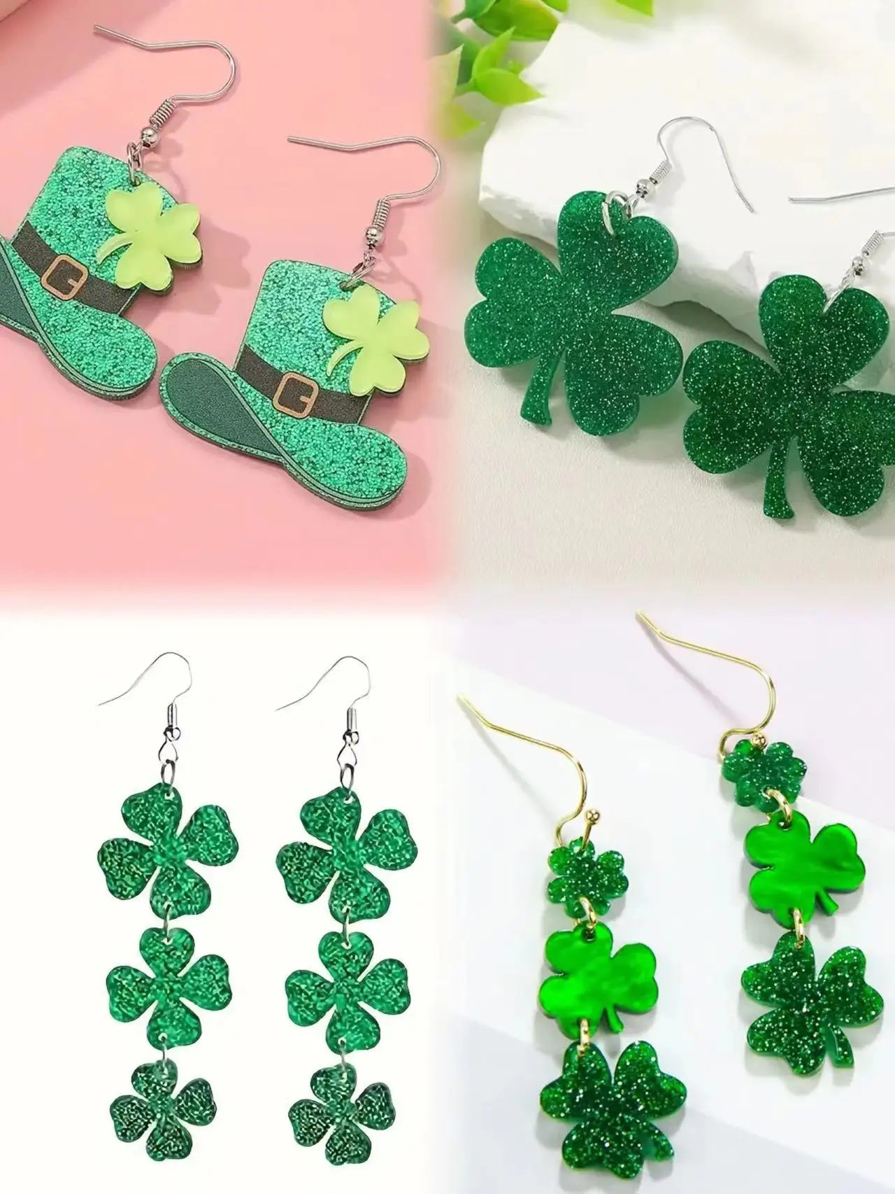 St. Patrick's Day Green Hat Clover Decor Bling Bling Dangle Earrings Cute Vacation Style Lucky Female Earrings