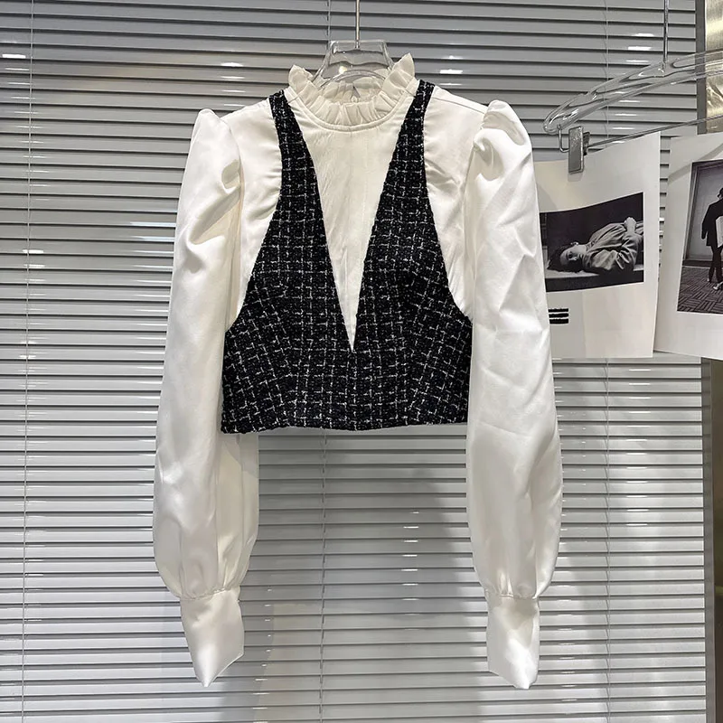 DEAT 2025 خريف جديد أنيق تويد سترة المرقعة وهمية قطعتين قميص للنساء الدانتيل حافة السراويل الإناث العصرية 11A06517