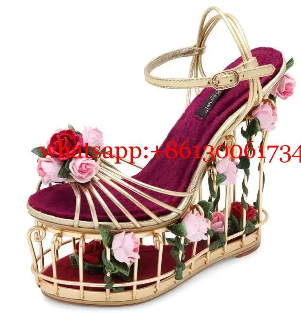 Luxury Woman Metal Birdcage 3D Flowers Sandals Metal Wedge Cut Out Heel Sandals Hollow Birdcage Flower Very High Platform Sandal