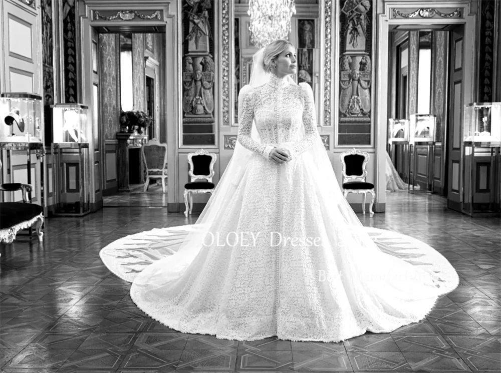 OLOEY Luxury Lace A Line Wedding Dress High Neck Puff Full Sleeve Bridal Gown Ivory Floor Length Button Custom Vestidos De Novia