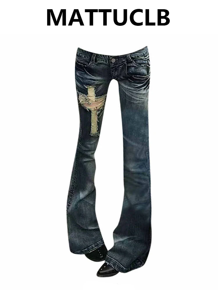 

Women's Ripped Denim Pants Korean 2000s American Retro Skinny Abi Low Rise Flare Jeans Skinny Long Trousers Japanese Y2k Grunge