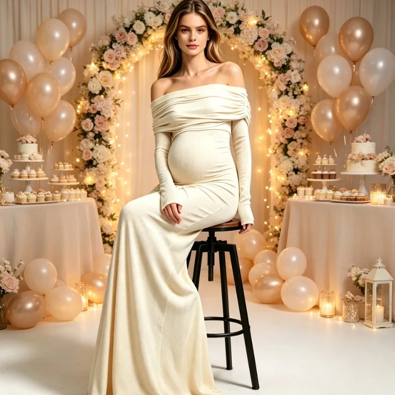 Off Shoulder Maternity Gown Long Sleeve Ruched Belly Maxi Dress, Stretch Bodycon Mermaid Photoshoot Dress For Baby Shower Party view 5