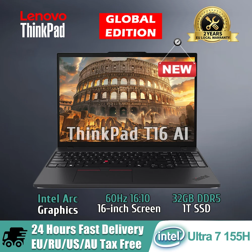 LENOVO ThinkPad T16 AI 2024 Notebook Intel Core Ultra 7 155H RAM 32GB 1TB SSD Intel Arc Graphics 16-inch 60Hz  Screen Laptop