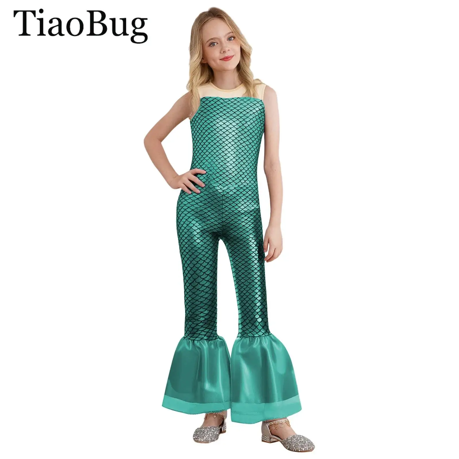 

Girls Halloween Mermaid Cosplay Costume Jumpsuit Sleeveless Fish Scales Print Flared Pants Fancy Mermaid Performance Bodysuit