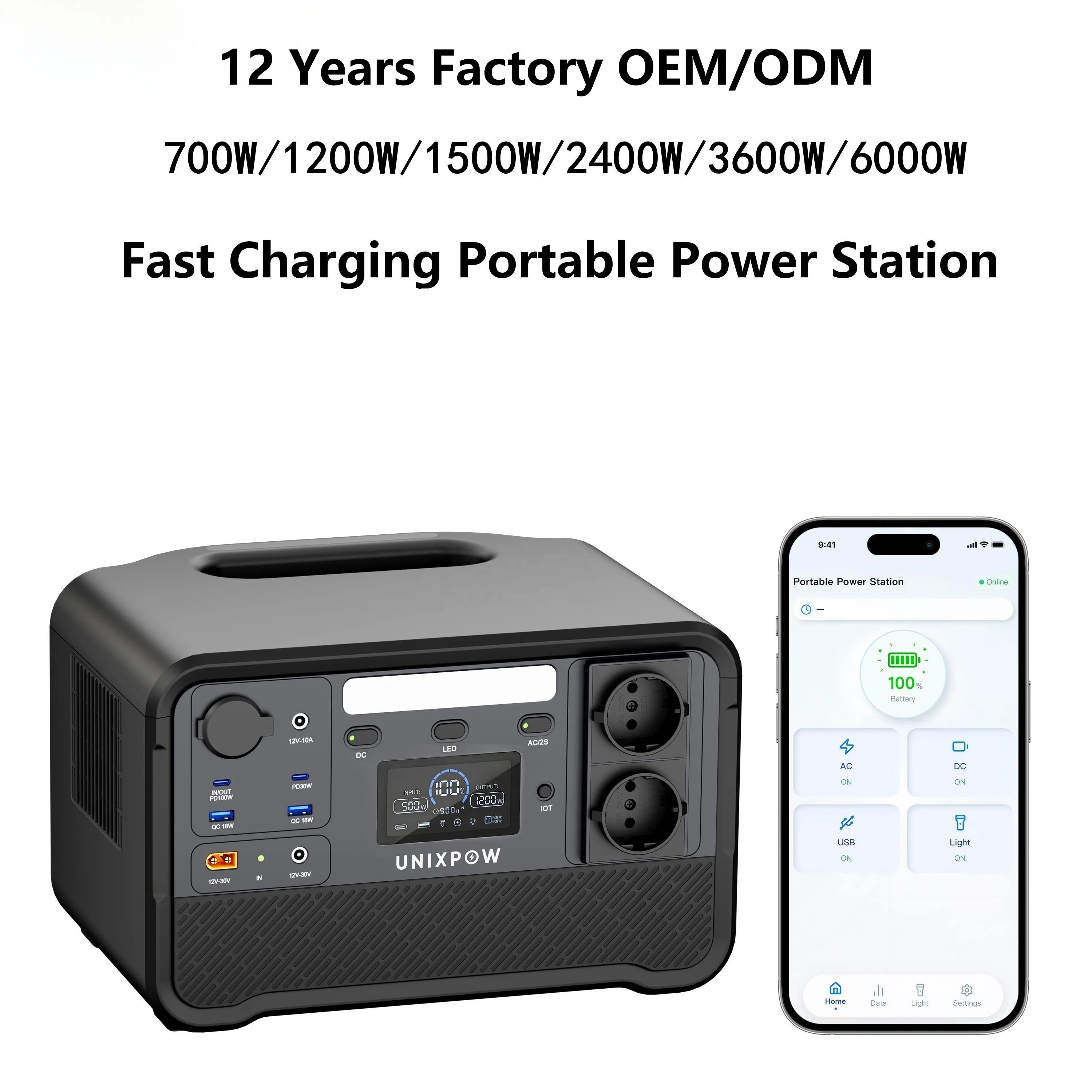 Outdoor Solar Portable Power Station 1200W 2400W Peak Pure Sine Wave LiFePO4 Battery Emergency Backup