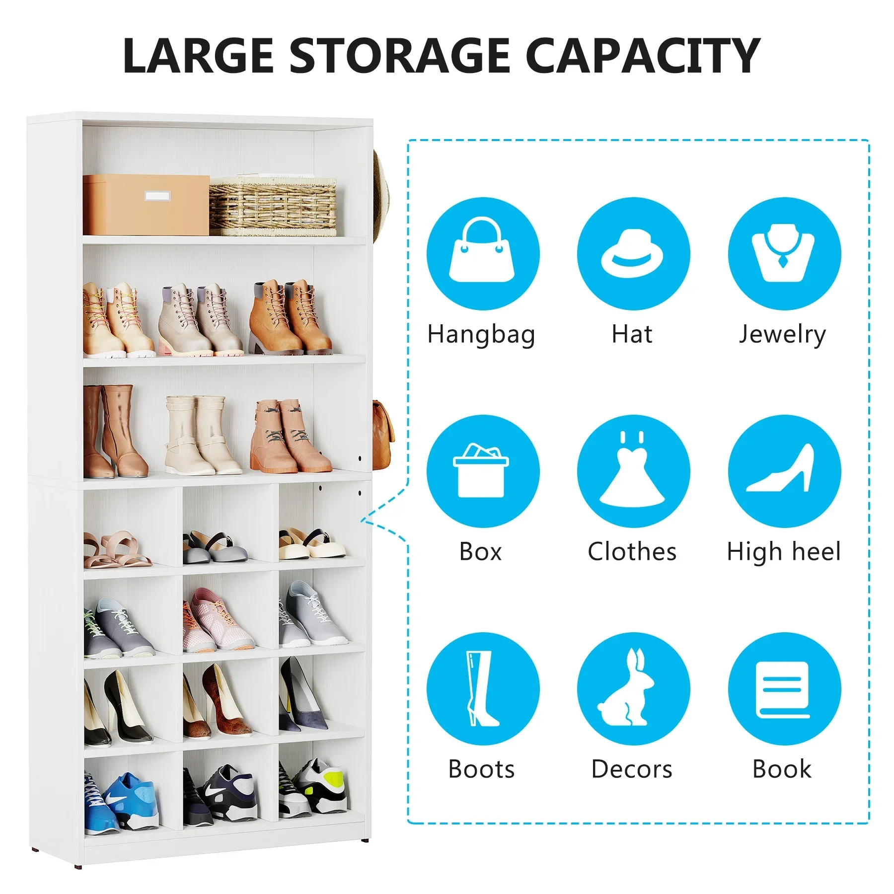 Tribesigns Shoe Cabinet, 24 Pair Freestanding Shoe Rack Storage Organizer with Side Hooks, Shoe Storage Cabinet with Shelves