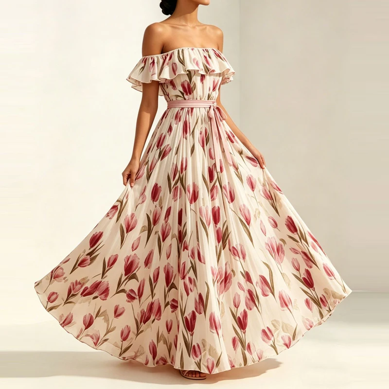 Modisches Bedrucktes Ärmelloses Strandkleid Elegantes Quadratischer Ausschnitt Rückenfreies A-Linien-Kleid Sommer Sexy Schulterfreies Kleid