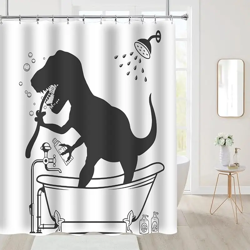 

dinosaur shower curtain set black white dino print durable polyester machine washable easy clean for bathroom decor Quick Setup