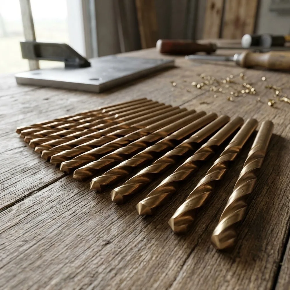 13pc Left-Hand Coated HSS Drill Bits with Spiral Geometry for Wood Metal Drilling and Fastener Extraction Tasks