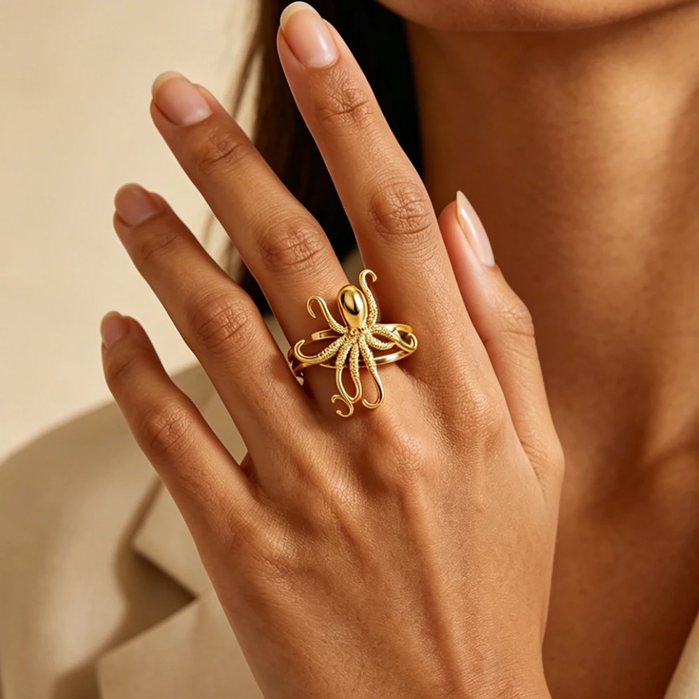 Modische Oktopus-Ringe für Damen, 18K vergoldeter Edelstahl, Oktopus-Öffnungsring, Statement-Sommer-Ozean-Schmuck, Geschenk für beste Freundinnen