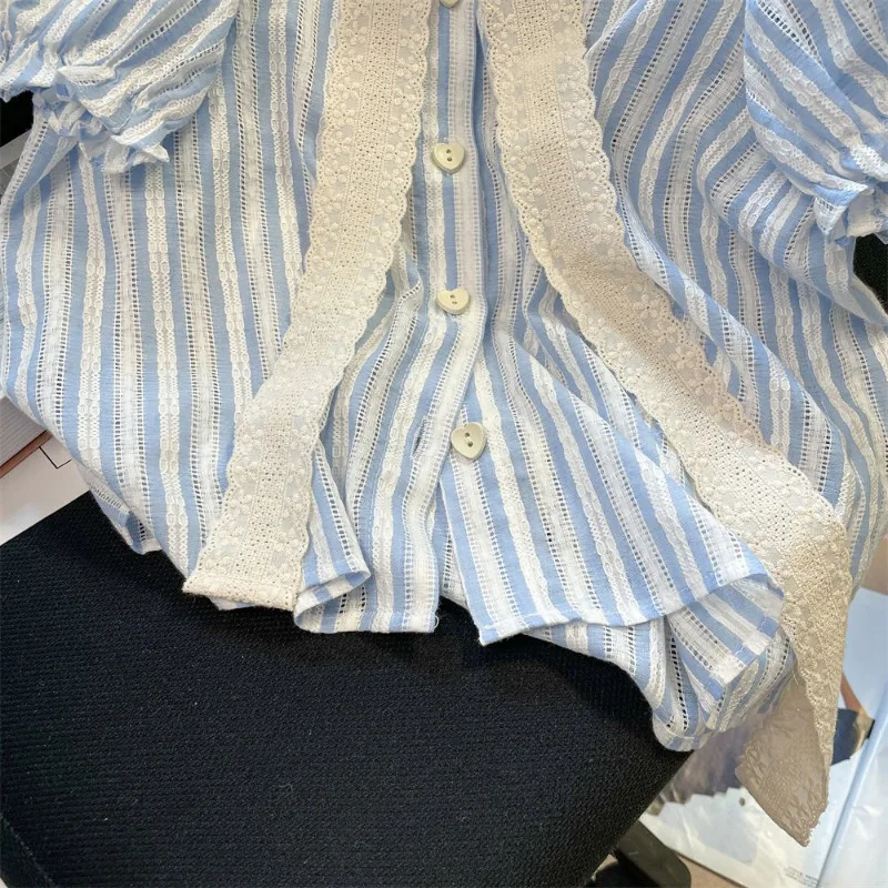 EBAIHUI French Lace Patchwork Bow Design Women's Shirt Summer Cute Striped Ladies Blouse Casual Versatile Puff Sleeve Blusas