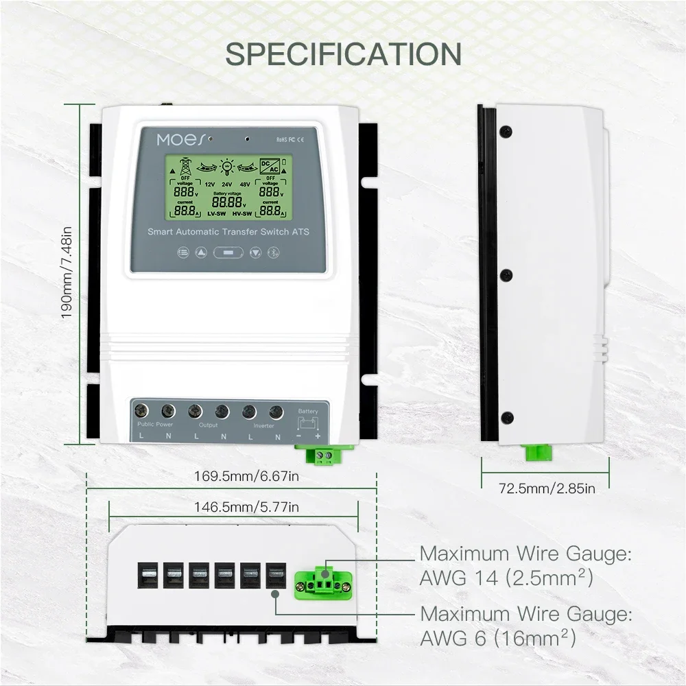 MOES Smart Blue- tooth Dual Power Controller 80A 16KW Automatic Transfer Switch Energy Saving for Off Grid Solar Wind System ATS