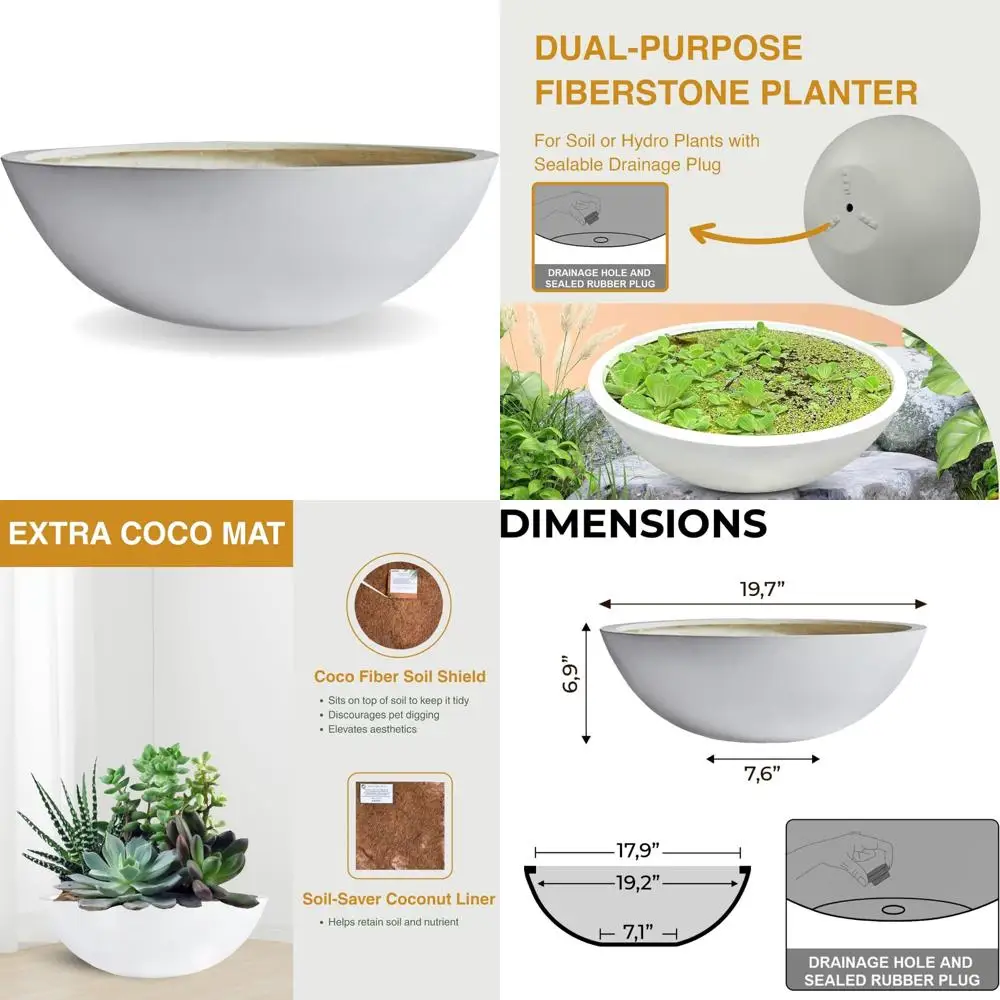 

Round Fiberstone Planter for Succulents and Lotuses, 6.9 High x 19.7 Diameter, Drainage Hole, Weather-Resistant for Indoor and O