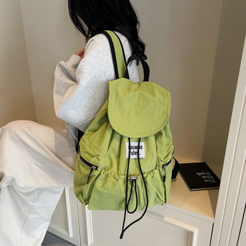 

Solid Color Drawsting Backpacks Nylon Light Weight Ruched Shoulder Bags Casual Large Capacity Student Schoolbag Men Women