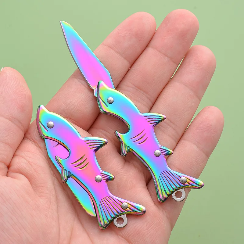 Mini cuchillo de bolsillo, cuchillo plegable, tiburón creativo, herramienta táctica EDC para exteriores, cortador portátil, llavero exprés, cuchillo de fruta
