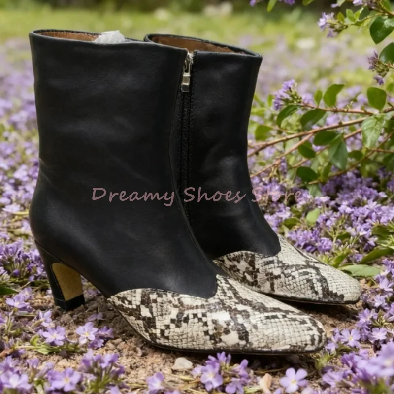 

Patchwork Snakeskin Square Toe Ankle Boots Women Leather Square Toe Side Zipper Short Boots Fashion Trendy Party Lady Shoes New