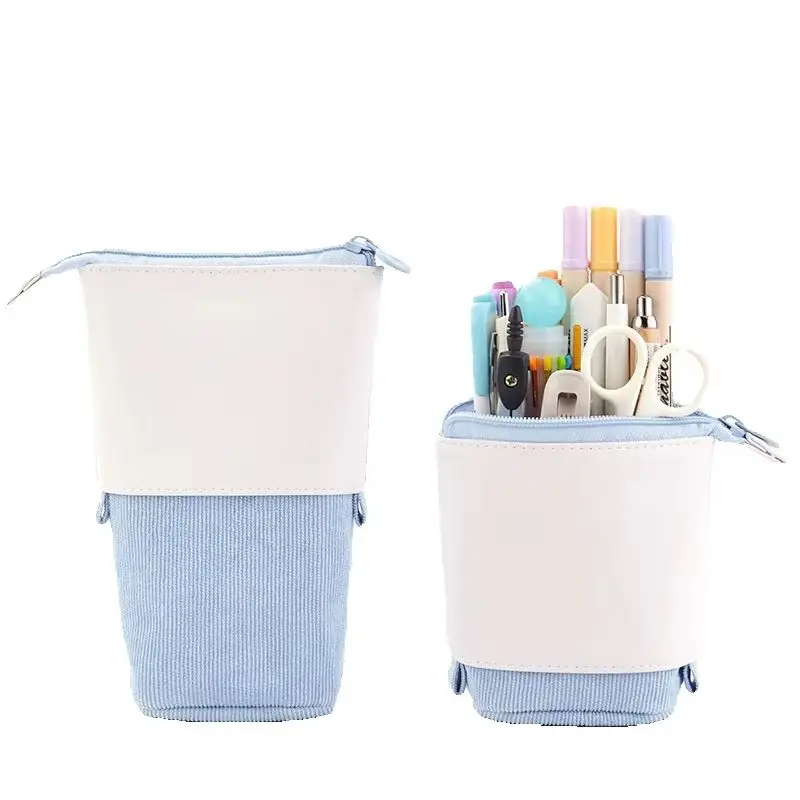 Pen Bag Stationery Marker Pouch PU Pencil Holder Solid Color Stand Up School Supplies Corduroy Organizer Case Gift for Girls Boy