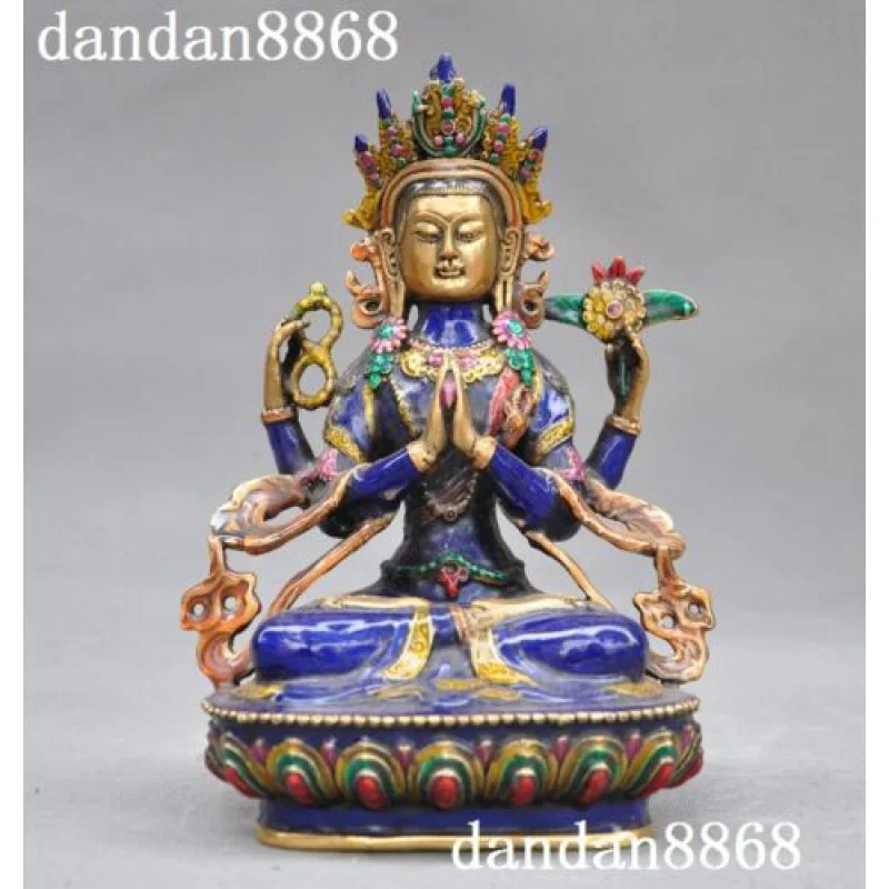 

8"Chinese bronze Cloisonne Buddhism temple 4 arms Kwan-Yin Guanyin Buddha Statue 21cm