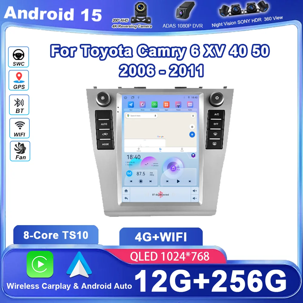 9.7 Polegada android 15 para toyota camry 6 xv 40 50 2006 - 2011 rádio do carro estéreo auto dsp carplay gps navegação player vídeo 4g dvd