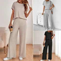 2024MNEW Women Knitted Top & Wide Leg Pants O-Neck Simple Knitted Top Trouser Suit Pullover Solid Color Ladies Casual Outfits