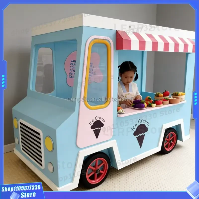 Wooden Ice Cream Cart Toy with Wheels for Kids Indoor Playground Equipment Sensory Cosplay Game Prop for Cafe Mall Party