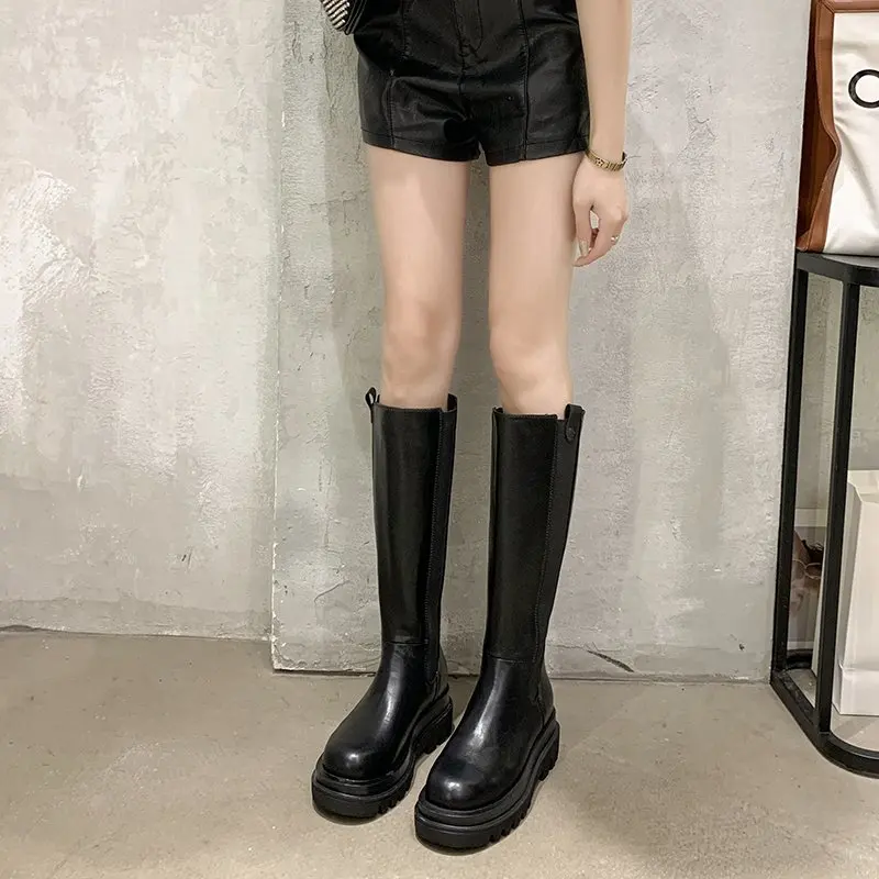 Fashion Woman\'s Platform Zipper Spring Autumn PU Leather Non-slip Knee High Luxury Designer Casual Women Chunky Long Black Boots