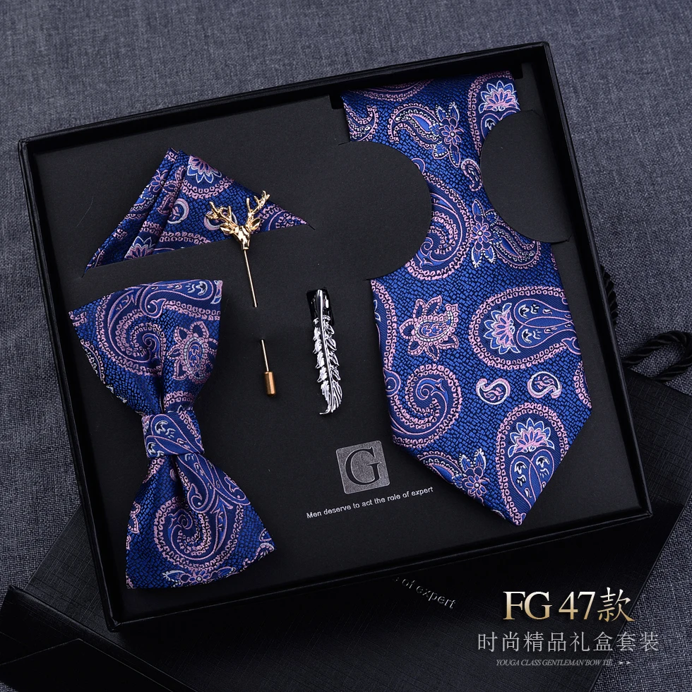 Vintage Paisley Pattern Tie Gift Box Set includes: Zipper Tie+Bow Tie+Pocket Towel+Brooch+Tie Clip Men's Necktie Gift Box Set