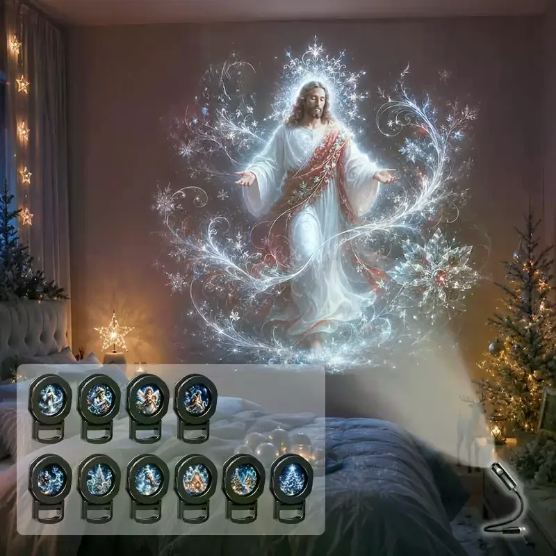 USB Christmas Projector Light 10pcs Patterns Adjustable Night Light Xmas Santa Snowman Church Nativity Projection Lamp Decor