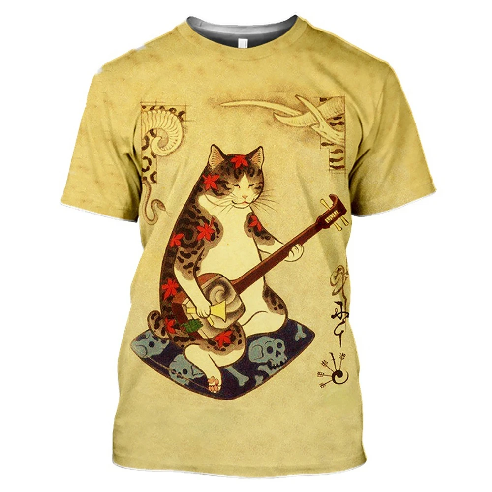 Japanese Samurai Cat Tattoo 3D Printed T-Shirt Men\'s Printed Shirt Summer Funny Casual Loose T-Shirt