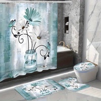 4 Piece Bathroom Shower Curtain Set with Hooks Toilet Seat Bath Mat and Rug Non-slip Rug Toilet Seat Cover Polyester Fabric